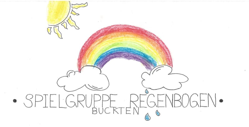 Handgezeichnetes Logo der Spielgruppe Regenbogen Buckten mit Sonne und Regenbogen