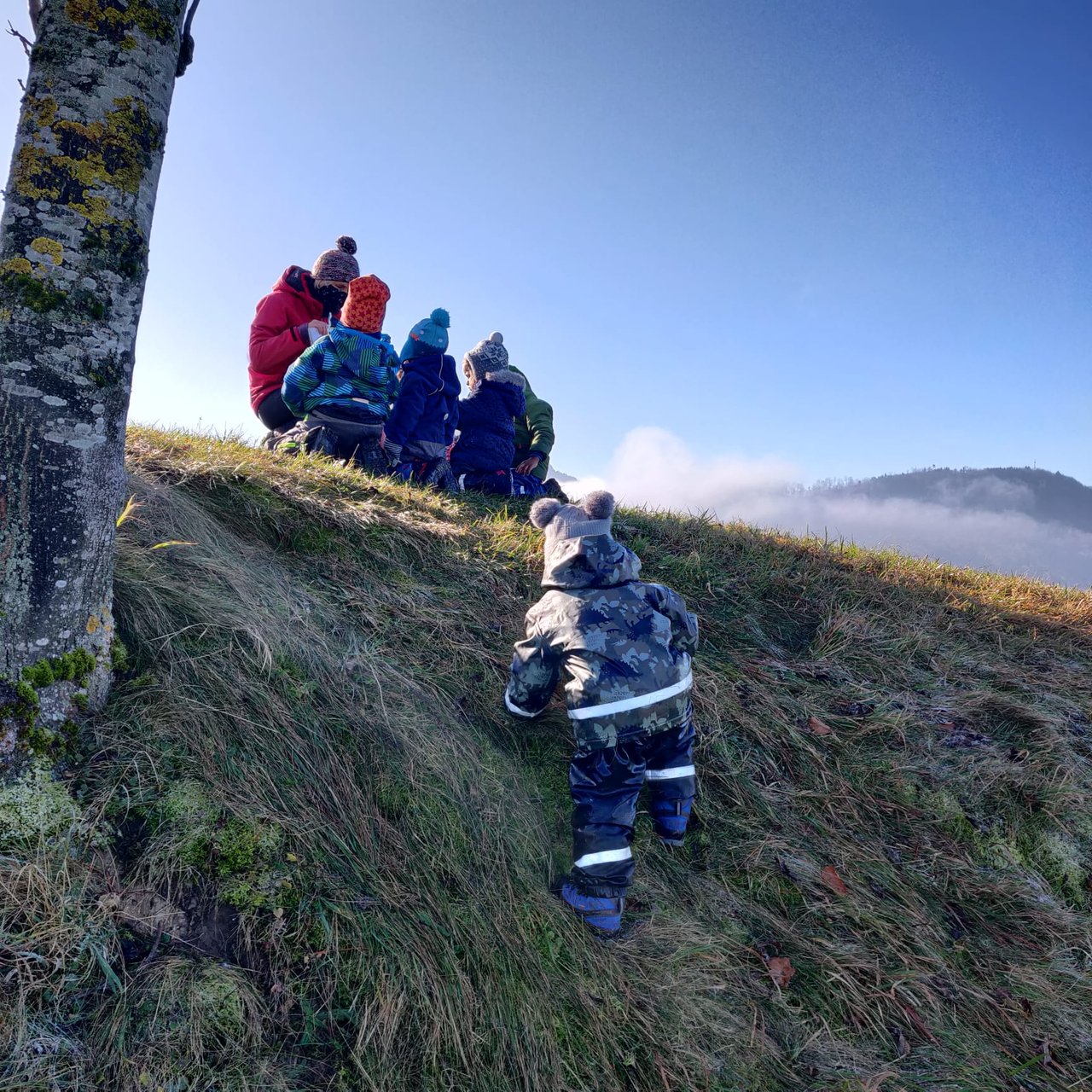 Kinder sitzen an einem sonnigen Hang mit Blick über das Tal